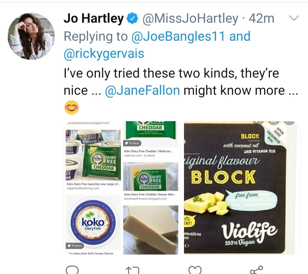 I want to say a MASSIVE thank you to the amazing  @ChrisGPackham,  @BootstrapCook,  @JaneFallon and  @MissJoHartley for your wonderful replies!What a fantastic choice of vegan cheeses (please look at Chris Packham's tweet feed for some lovely vegan choices!) #FridayMotivation 