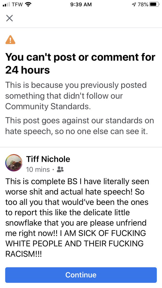 Tiff_N_Shock's tweet photo. @BreeNewsome @ShannaPettegre1 Update ban was lifted I posted this to my own page and ten min later Im back in FB jail but now its for 3 days!! So someone on my friends list is a white supremist and I have kindly asked all who would report it to please unfriend me!! Time to start taking out the trash!!! #BLM https://t.co/8K03xv2lZO