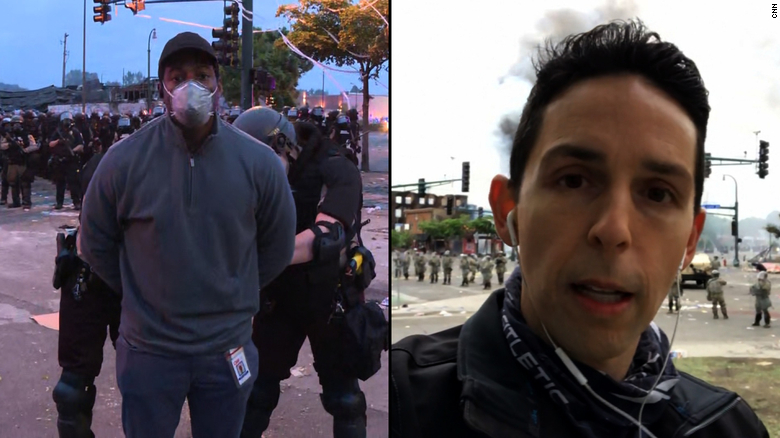 CNN reporter Omar Jimenez, who is black and Latino, and his team were arrested by officers early this morning in Minneapolis. Not far away, CNN journalist Josh Campbell, who is white, says he was 'treated much differently.' cnn.it/36S5HIB