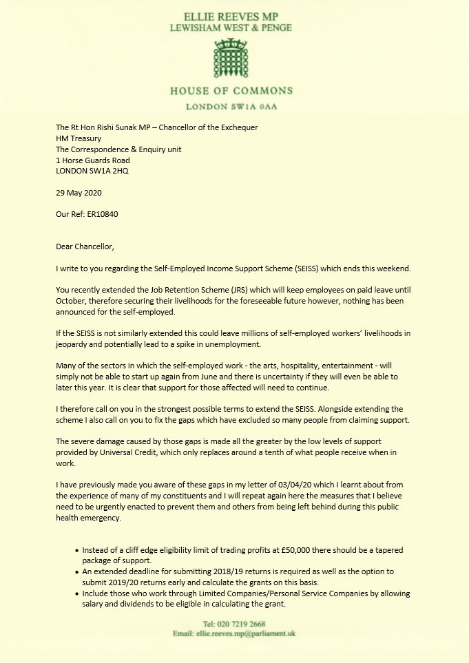 elliereeves's tweet photo. Income support for the self-employed must not end this weekend. My letter to the Chancellor calling for an extension of the SEISS and to finally fix the gaps which have excluded so many. https://t.co/K1TvpYm3U7