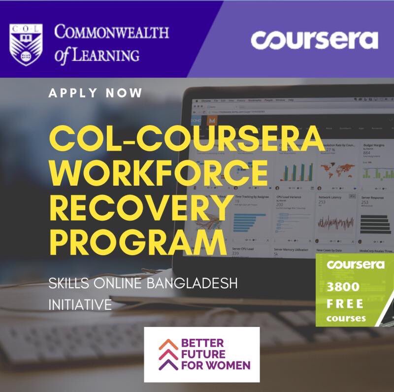 SumaiyaShimu_'s tweet photo. Call for Applications: Commonwealth of Learning- Coursera Workforce Recovery Program - our new initiative in response to unemployment caused by COVID 19 pandemic. For details on your eligibility and online application form: https://t.co/Zb1RhI8ixF  #skillsonline #bangladesh https://t.co/Shmhva2vL2