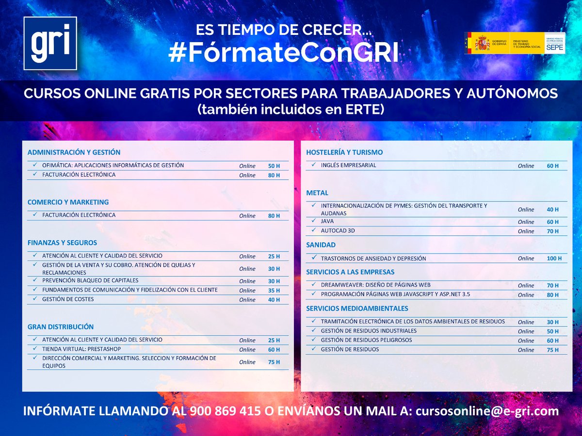 Éstos son nuestros #CursosOnlineGratis para trabajadores previstos para el mes de #junio ¿A qué esperas para CRECER PROFESIONALMENTE? 🚀

INFÓRMATE AHORA EN:
☎ 900 869 415
📩 cursosonline@e-gri.com
👩‍🎓Titulación Oficial del SEPE.

#FórmateConGRI #FórmateGratisEnCasa