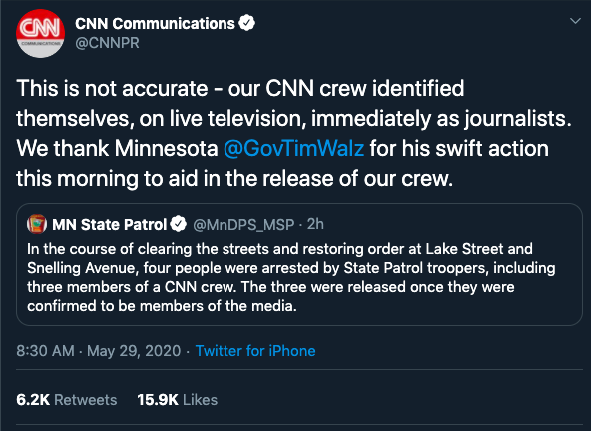 5. A black CNN reporter and two members of his team were arrested in Minnesota yesterday. Minnesota police confirmed it in a tweet that CNN said was inaccurate. We have more information what happened here:  https://www.buzzfeednews.com/article/juliareinstein/cnn-reporter-arrested-minneapolis-omar-jiminez