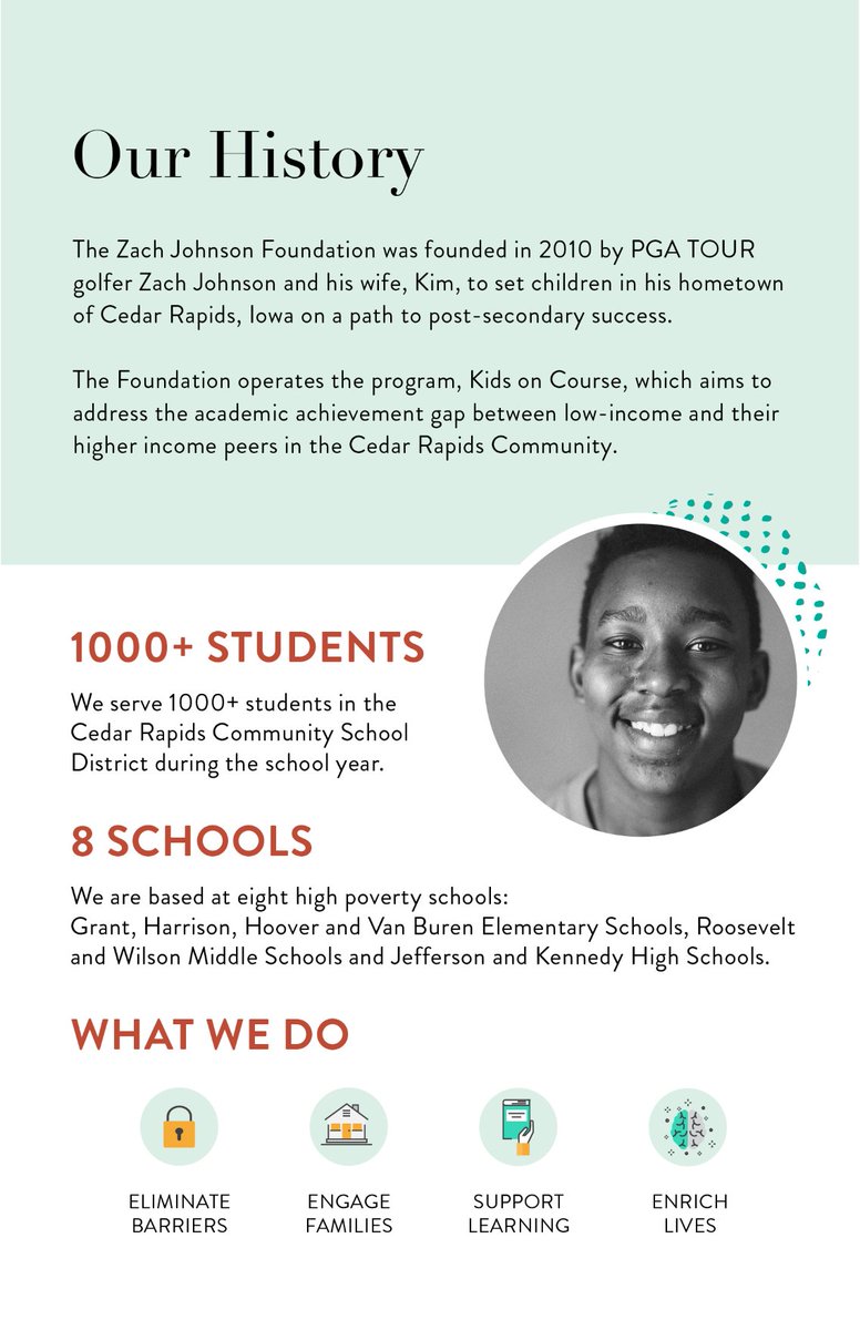 Learn more about the history of the Zach Johnson Foundation, founded in 2010 by <a href="/ZachJohnsonPGA/">Zach Johnson</a> and his wife, Kim. The Foundation operates @KidsonCourseCR, which aims to address the academic achievement gap between low-income students and their higher income peers.