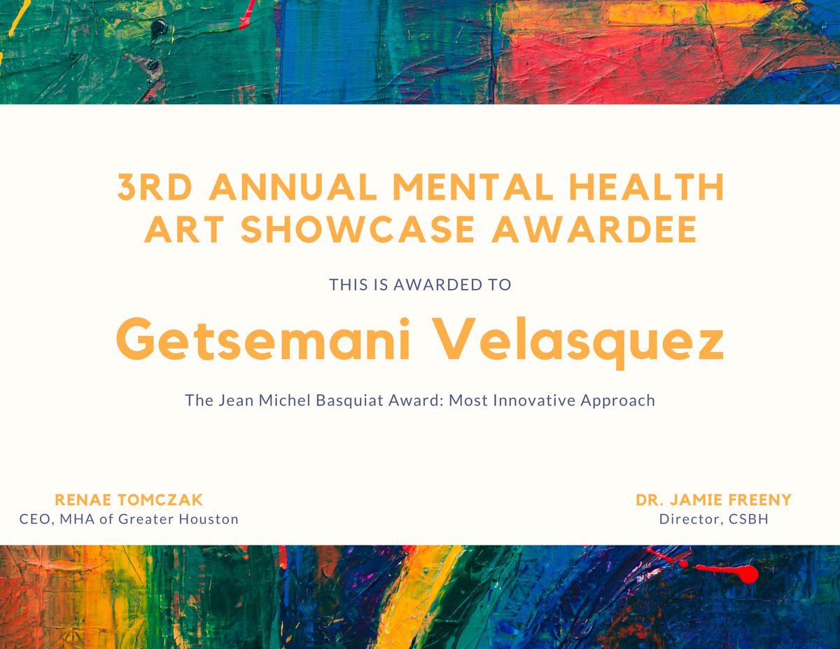 ArtExplorations's tweet photo. Congratulations to Getsemani Velasquez for being awarded the Jean Michel Basquiat Award: Most Innovative Approach from @MHAHouston Mental Health Art Showcase! @AldineHS_AISD is so proud of you!  #AldineArt @MrStewart_AHS @DrKels50 https://t.co/Rj2V94pLhX