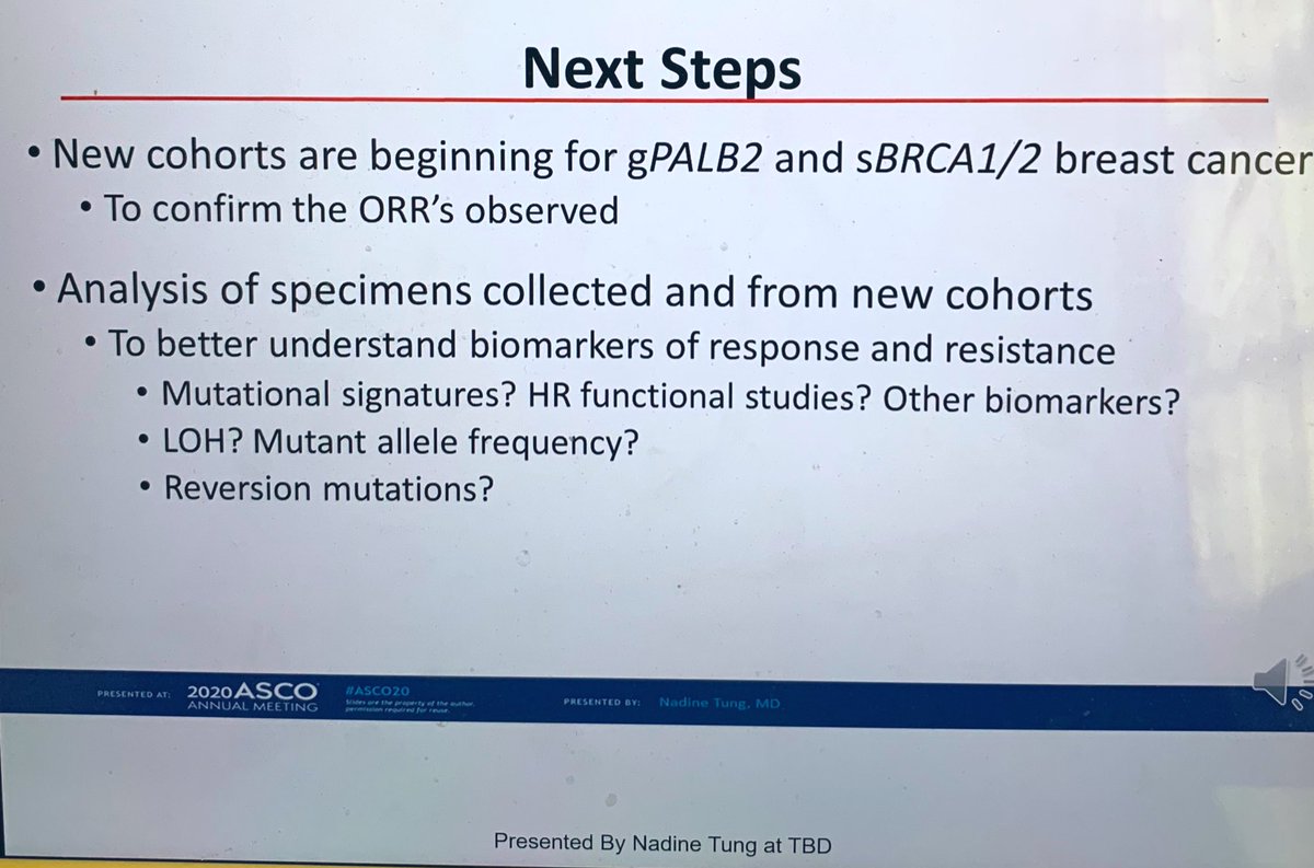 Olaparib expanded: Phase II study: olaparib monotherapy resulted in ORR > 80% with gPALB2 and = 50% in sBRCA1/2 in mBC pts with some having durable RR, majority were ER+, responses post CDK 4/6i were observed! No responses with ATM and CHEK2! #bcsm #ASCO2020 @OncoAlert