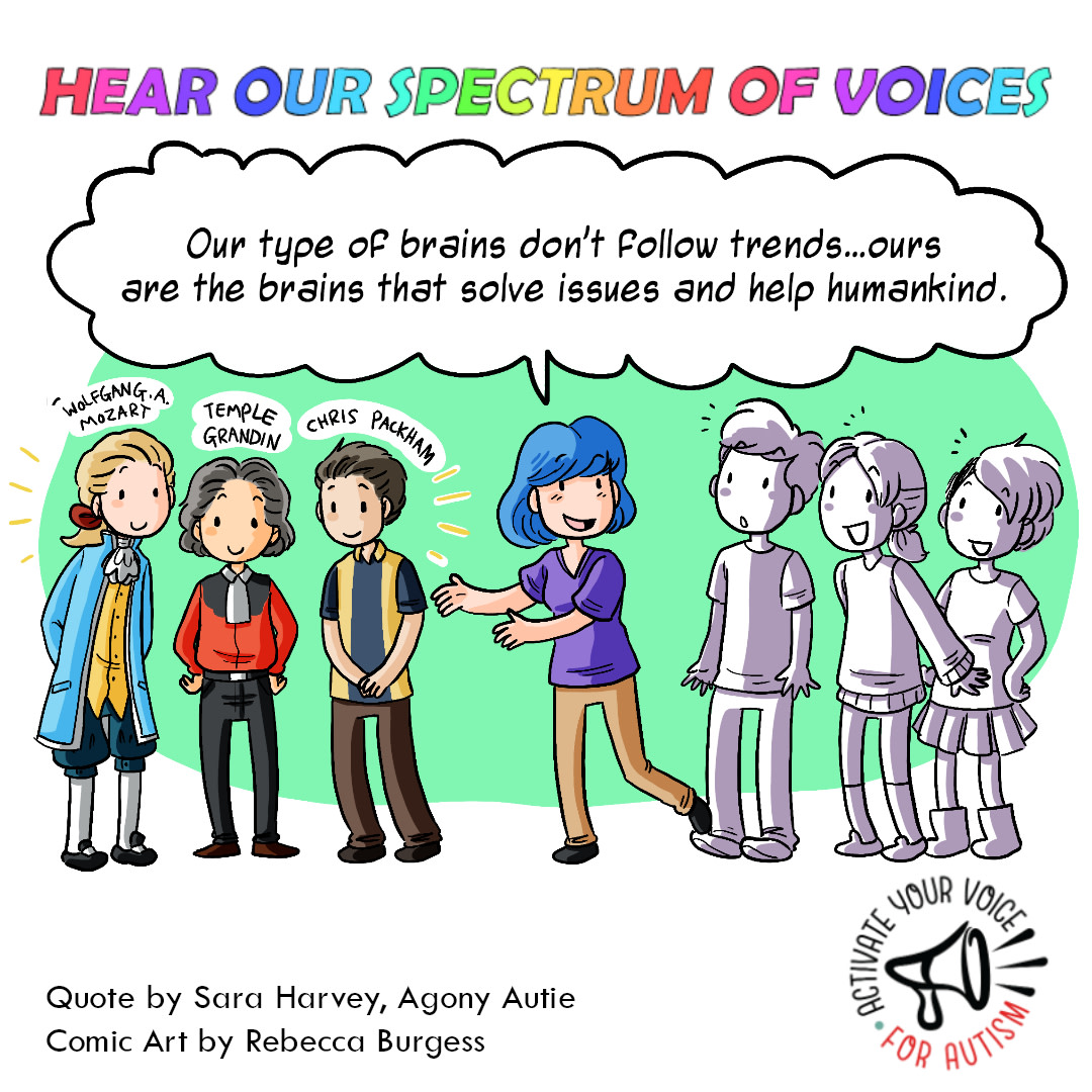 ZOOMAutism's tweet photo. Get @GeekClubBooks FREE #ActuallyAutistic #SpectrumVoices Comic featuring powerful advocate quotes from @BeccaLoryCAS @EDalmayne @NeuroRebel @AgonyAutie and more! Amazing llustrations by autistic artist #RebeccaBurgess #Activate4Autism https://t.co/qYzxxRDAps https://t.co/pUNpN8capl