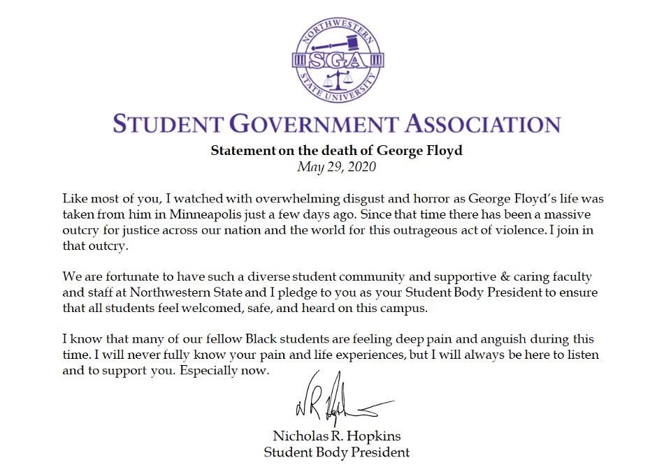 A statement from the Student Body President on the death of George Floyd.