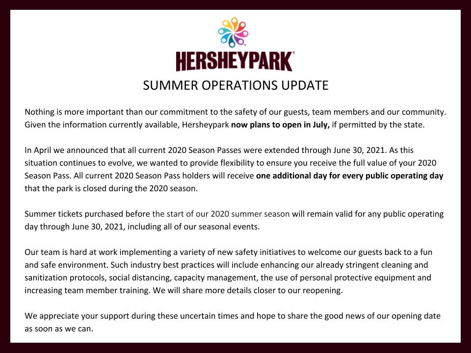 Hersheypark's tweet photo. Summer operations update - https://t.co/6CmagjGrwD https://t.co/2pCIS09qBG