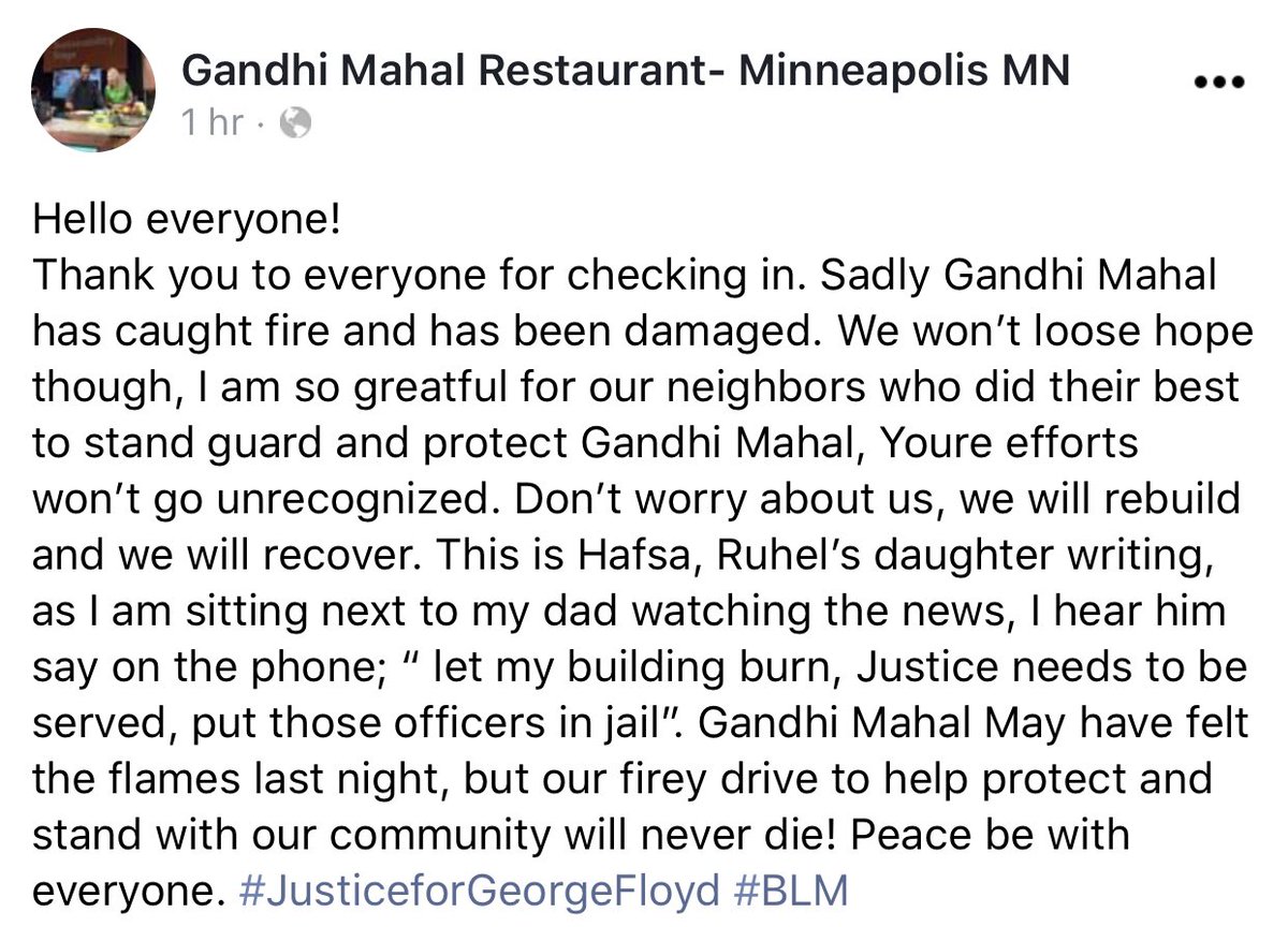 This post is from the family behind beloved Gandhi Mahal restaurant says so much about the vibrant south Minneapolis neighborhood where #GeorgeFloyd protests are happening.