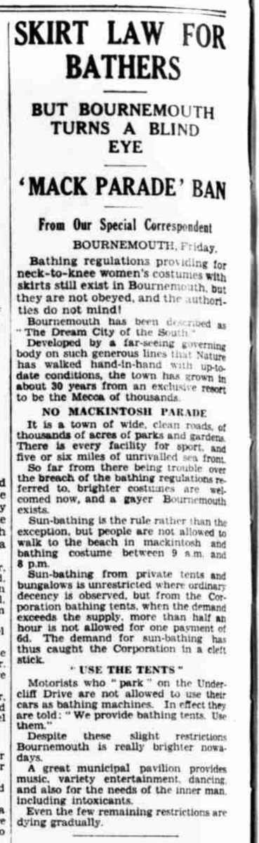 There was a bit of a hoo-ha over bathing and, particularly, women's bathing costumes in the 1930s. In May 1930 the Daily Herald did a series of reviews of bathing experiences on various beaches across the country. This one from 17/5 is about Bournemouth.  #histsex  #history  #summer