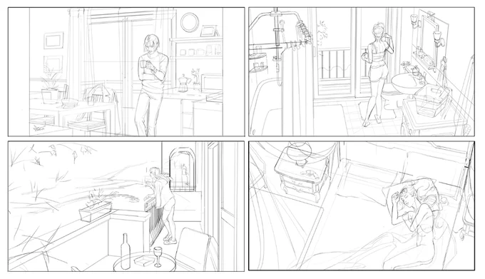 finally finished the whole morning illustrations set?this is my process. (line&gt;rough color sketch for the mood i want&gt;rendering.) 