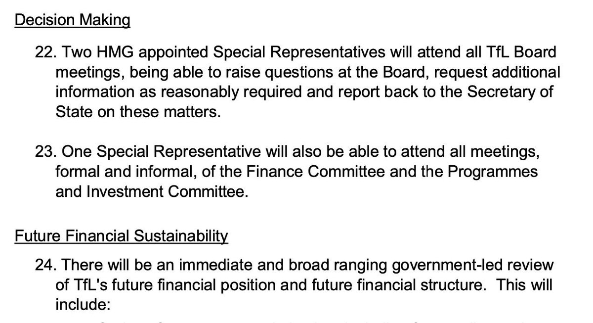 The full details of Khan's bailout now confirm just how bad the Gov think TfL's finances have become.- Two Gov reps on the TfL board- One special rep to attend all finance meetings- An "immediate and broad-ranging" Gov-led review of TfL's structure, finances.11/12