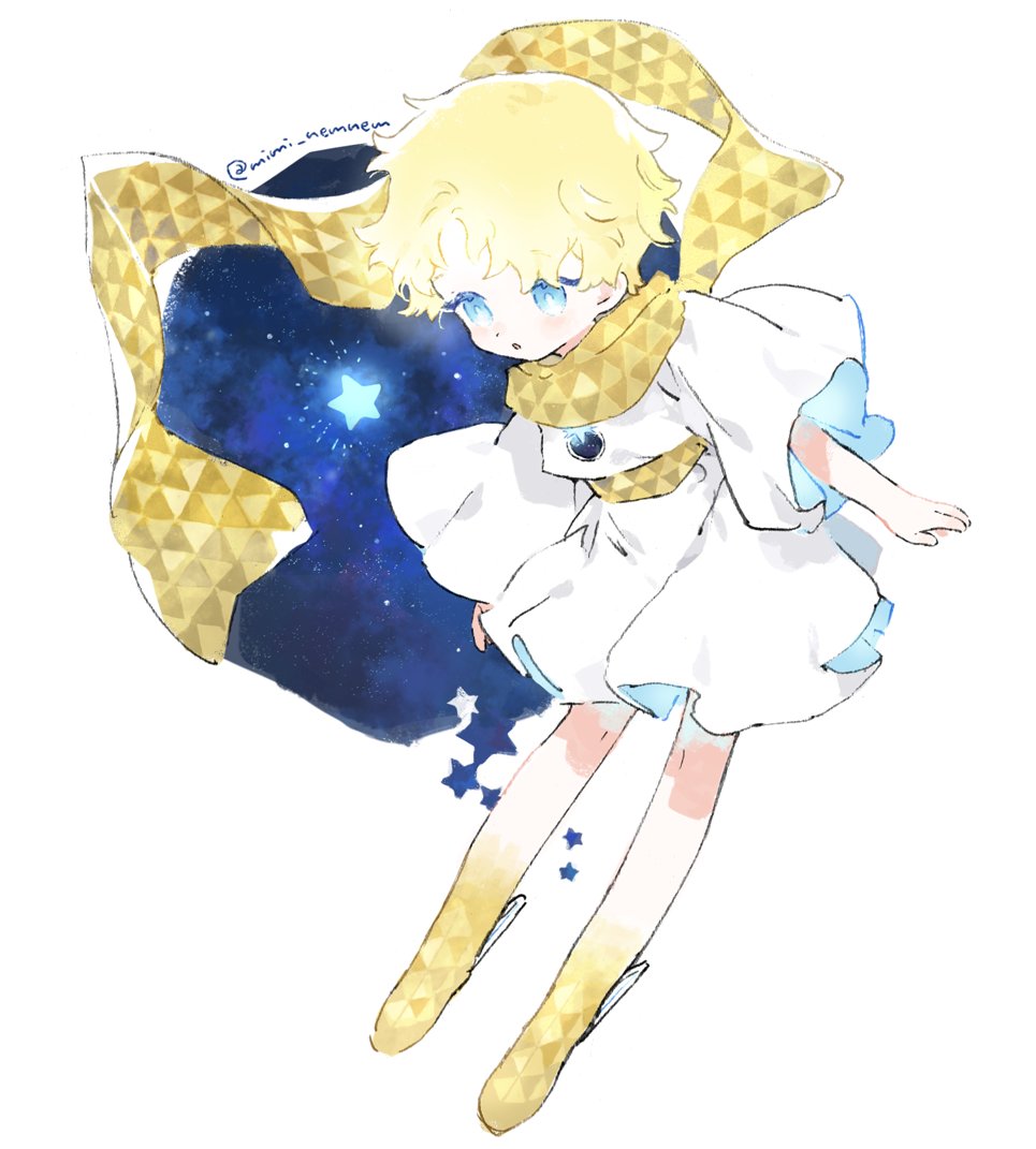male focus blonde hair 1boy yellow scarf baggy clothes solo blue eyes  illustration images