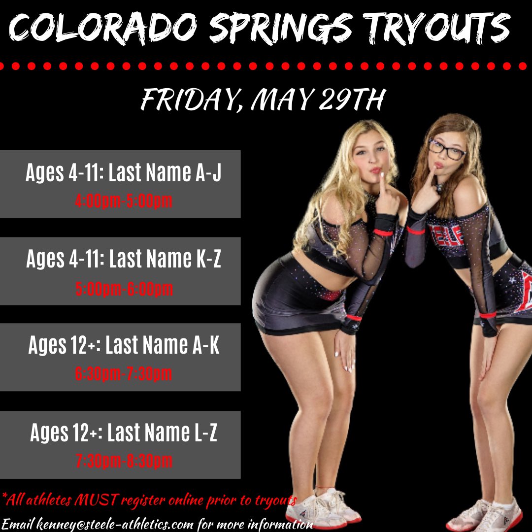 AthleticsSteele's tweet photo. Happy Tryout Weekend!! First up, Colorado Springs. Make sure you have registered online prior to tryouts, we can’t wait to see you all! #EveryoneLooksGoodInRed #GoSteele #YearFive #SteeleNation https://t.co/mZNz7FZzzn