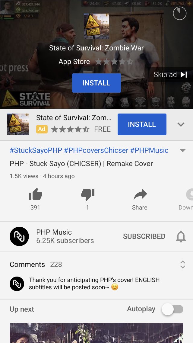 JPKaye2's tweet image. NagPOPOWER STREAM ako gamit acct ng kapatid ko.
Don&apos;t skip ads pls tiis tiis tayo para sa PHP naman yun eh.

#StuckSayoPHP 
#PHPcoversChicser 
@_PHPmusic