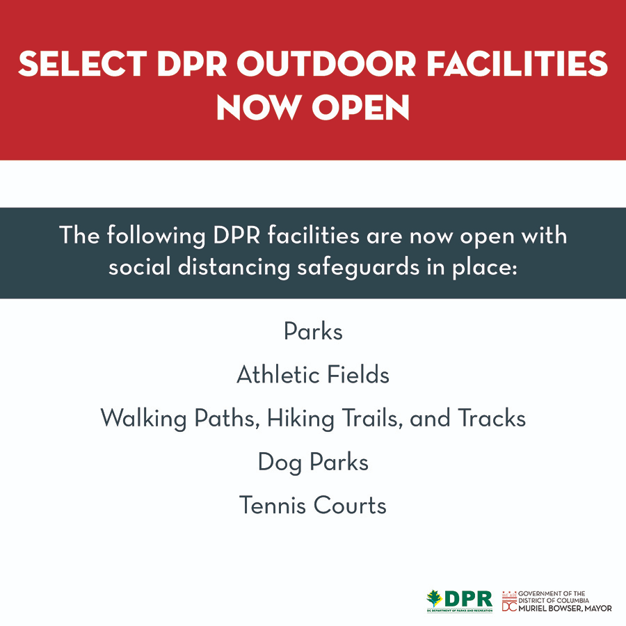 DCDPR's tweet photo. Today we #ReOpenDC in Phase One! This means Select DPR Facilities are Open. We ask for your patience. If an amenity listed is not ready immediately, rest assured we are working as fast as possible and it will be available soon. #WhereFunHappens 6 ft apart https://t.co/PFgMvM2UCT https://t.co/ItMp23CDVk