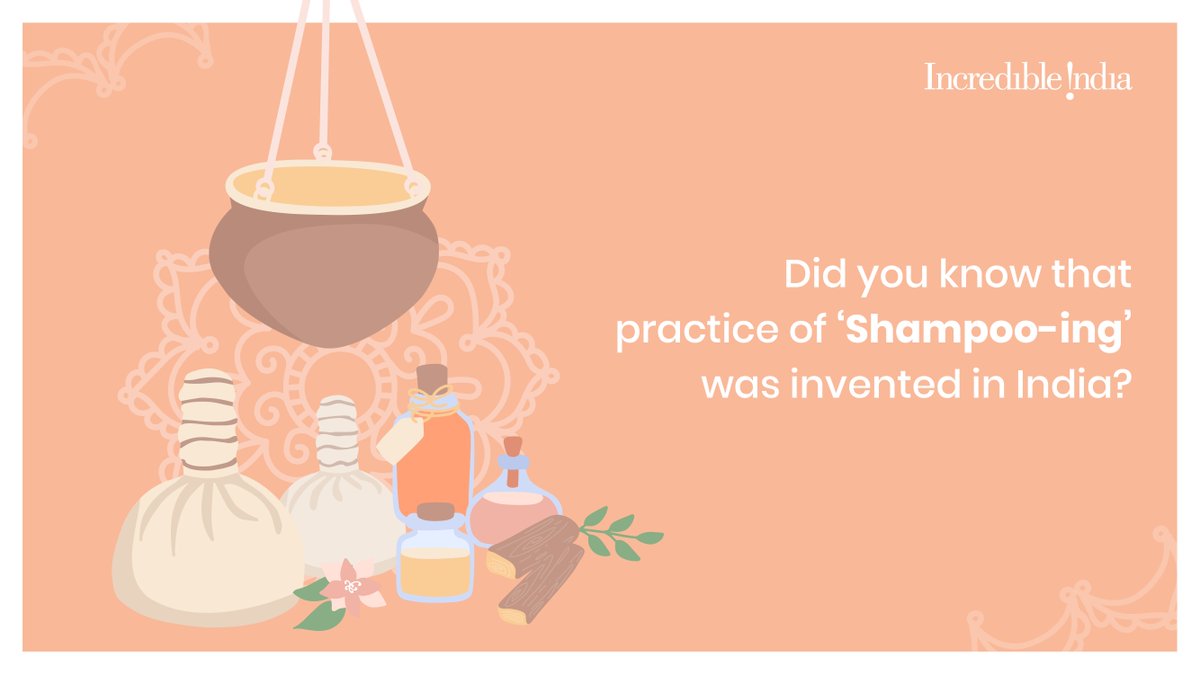 incredibleindia's tweet photo. Shampoo or Champoo? The Hindi word chāmpu (head massage) was transliterated as shampoo. The practice of shampooing was invented in India when our ancestors used soap berries, shikakai paste, hibiscus extracts to make a cleansing concoction to wash hair. https://t.co/anMgsXFkPh