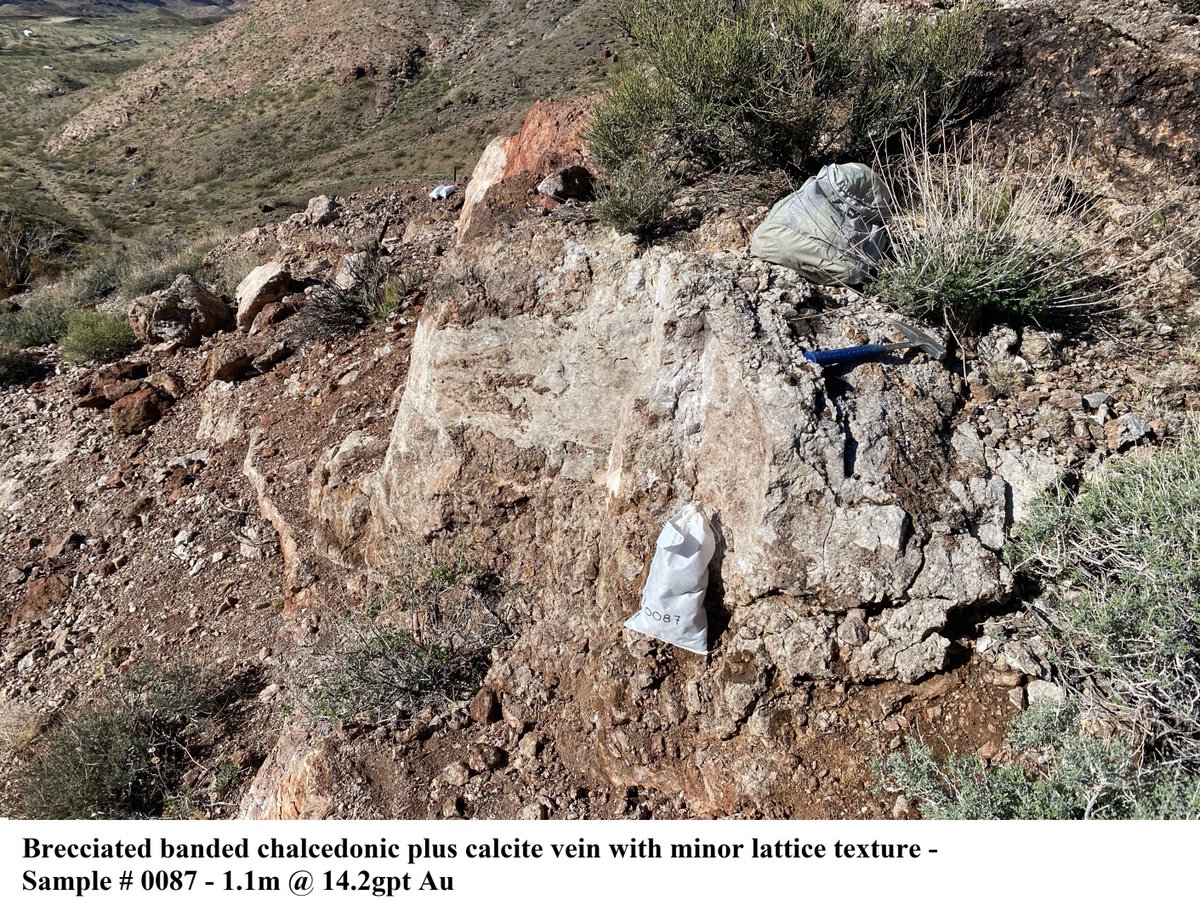 M3Metals's tweet photo. Check out this Brecciated baned chalcedonic plus calcite vein with minor lattice texture - Sample #0087 - 1.1m @ 14.2gpt Au at our Mohave Mine Gold Project
#Goldmining #Canadian #American #goldproject #M3Metals #Mohaveproject
https://t.co/NfSvPubqCX https://t.co/xgyTOQkucx