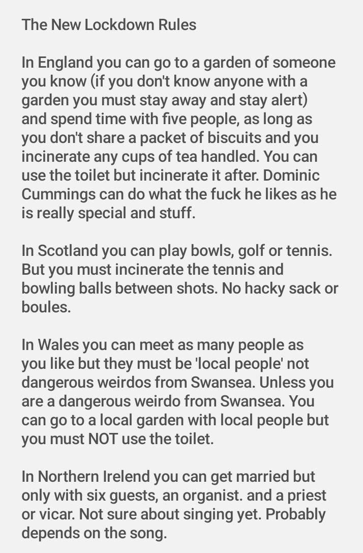 WillBlackWriter's tweet photo. I've think I've finally figured out the #NewLockdownRules
@BorisJohnson run along and ask your boss 'Mr Cummings' if I've got this right. It all seems a bit weird to me. https://t.co/O6uc2909PP