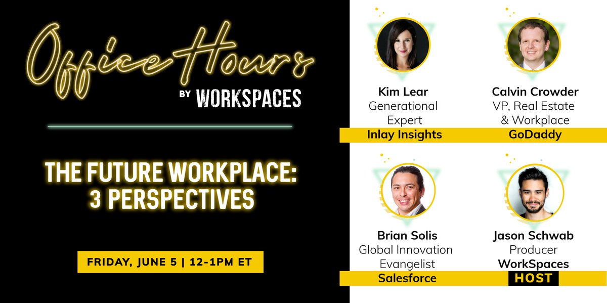 WorkSpacesEvent's tweet photo. Can't wait to unveil Office Hours, our new webcast experience. We'll be joined by generational expert, @kim_lear_, futurist @briansolis (Salesforce) & Calvin Crowder of GoDaddy. This won't be a death-by-slides kinda affair #CRE #workplace #WorkSpacesEvent
https://t.co/1fzcPzVPrh https://t.co/WrjMlGqSSq