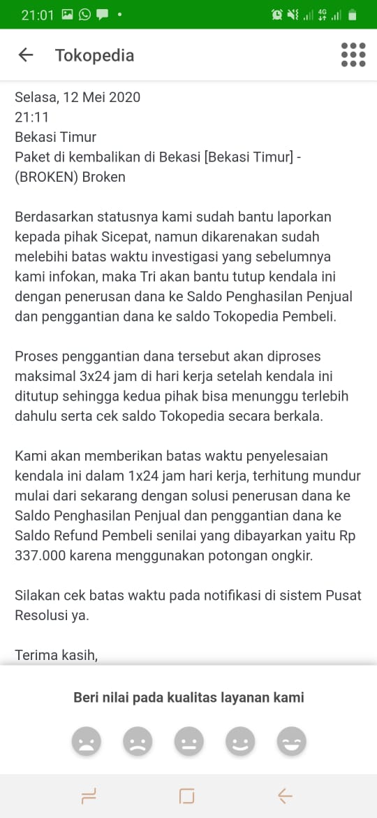deYogaZ's tweet photo. @TokopediaCare sy telah mengembalikan brg pesanan dari toko Pandurasa no resi 000419257222 melalui ekspedisi yg mereka gunakan (sicepat) di krn kan brg yg sy terima pecah. Tetapi hingga skrg dana msh blm kembali sjk 25 Mei. Mhn tanggapannya &amp; segera diproses pengembalian dananya! https://t.co/R5JuiRy2Eg