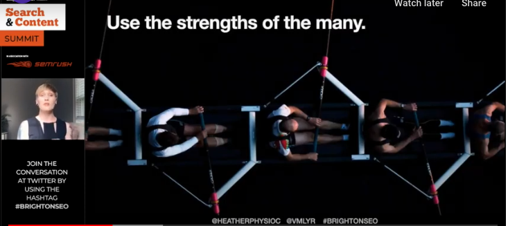 semrush's tweet photo. Benefits of a collective culture & team crowd sourcing:
- uses the strengths of the many
- can shift work up & down depending on workload
- gets more done faster
- reinforces great ideas
@HeatherPhysioc #brightonSEO #SearchAndContentSummit https://t.co/aL4kYESUlA