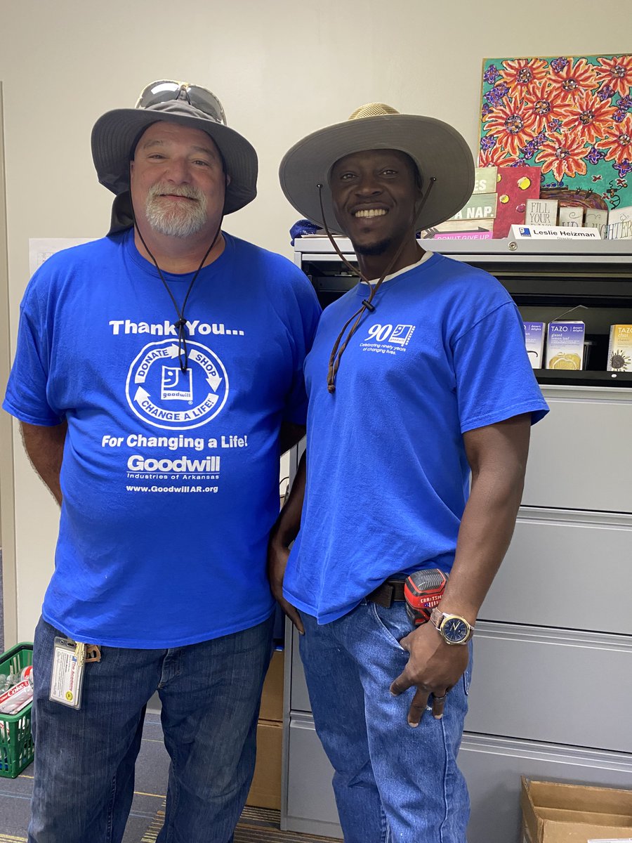 GoodwillAR's tweet image. Joe and Lyonel wish you a "Happy Friday!" These two have incredible stories of second chances. They're great guys and keep our facilities up and running. #TeamGoodwill #SecondChances #ThankYou