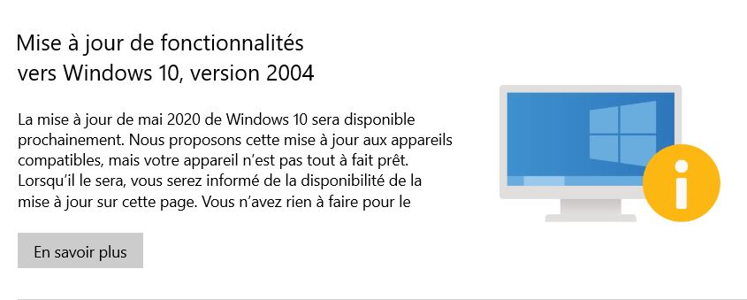 laptopspirit's tweet image. Ca a le mérite d&apos;être clair au moins, pas de mise à jour vers Windows 10 2004 pour le moment 

#Windows10May2020Update