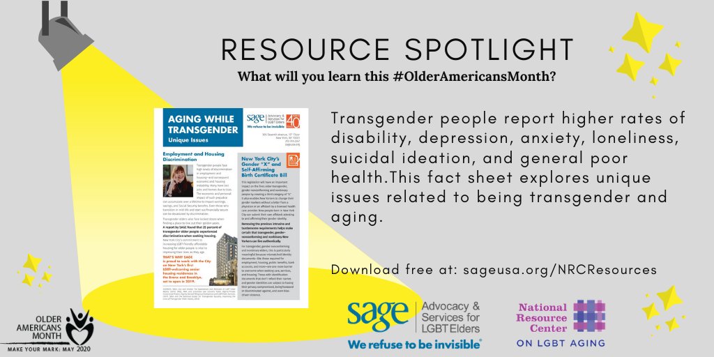 sageusa's tweet photo. Our Friday #ResourceSpotlight explores the unique challenges related to being #transgender and #aging. Learn more at https://t.co/1wHvUTAsNg! #OlderAmericansMonth #OAM2020 #LGBTresources #TransResources #TransAging #LGBTaging #LGBTelders #TransElders https://t.co/GUagrvBmFW