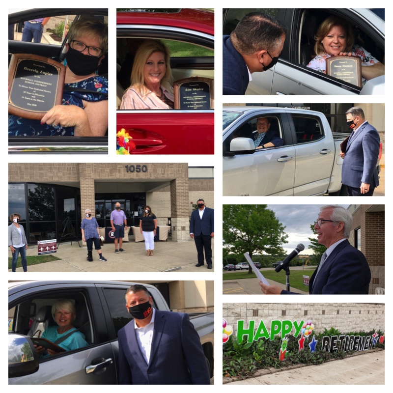 rockwallschools's tweet photo. This week, we honored Rockwall ISD retirees with a drive-through retirement celebration! Dr. V and board members gave their thanks as remarks written by each retiree's principal/supervisor were read through a loud speaker. Thank you for your service! #RockwallISDConnects https://t.co/ooTB34j0NY