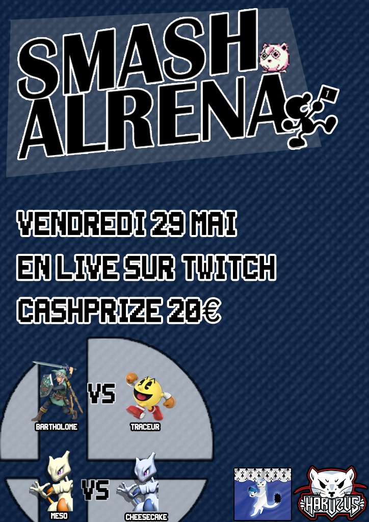 Dans 3 heures, la Smash Alrena va commencer ! Ça se passe dès 20h sur la chaîne Harozus (twitch.tv/harozustv)
Venez nombreux ! 

Programme : Tournoi dès 20h, puis Money Matchs.
Main Money Match : @B4rtholome VS @PacTraceur 25€ en jeu !