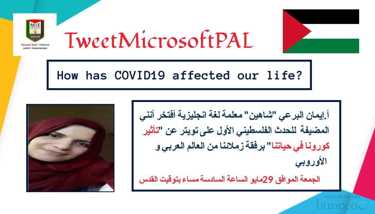 TImanShaheen1's tweet photo. I'm Mrs. Iman Shaheen a Palestinian teacher, a co_host of the event @wakelet ambassador @buncee ambassador @Nearpod certified educator 
Kindly introduce yourself
#TweetMicrosoftPAL
#MicrosoftPalestine 
#MicrisoftEDU
#COVID19
@MicrosoftEDU @MSAUedu @IleneWinokur @eyadalsahmed https://t.co/HrhJVa4Hsh