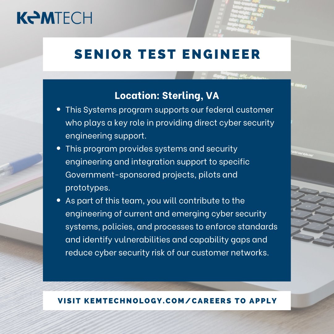 KemTechnology's tweet image. Can you fulfill the responsibilities as a KemTech Senior Test Engineer? Are you interested in learning more about other responsibilities and requirements?  

Apply Now: kemtechnology.bamboohr.com/jobs/view.php?…

#Newroles #technology #KemTech
