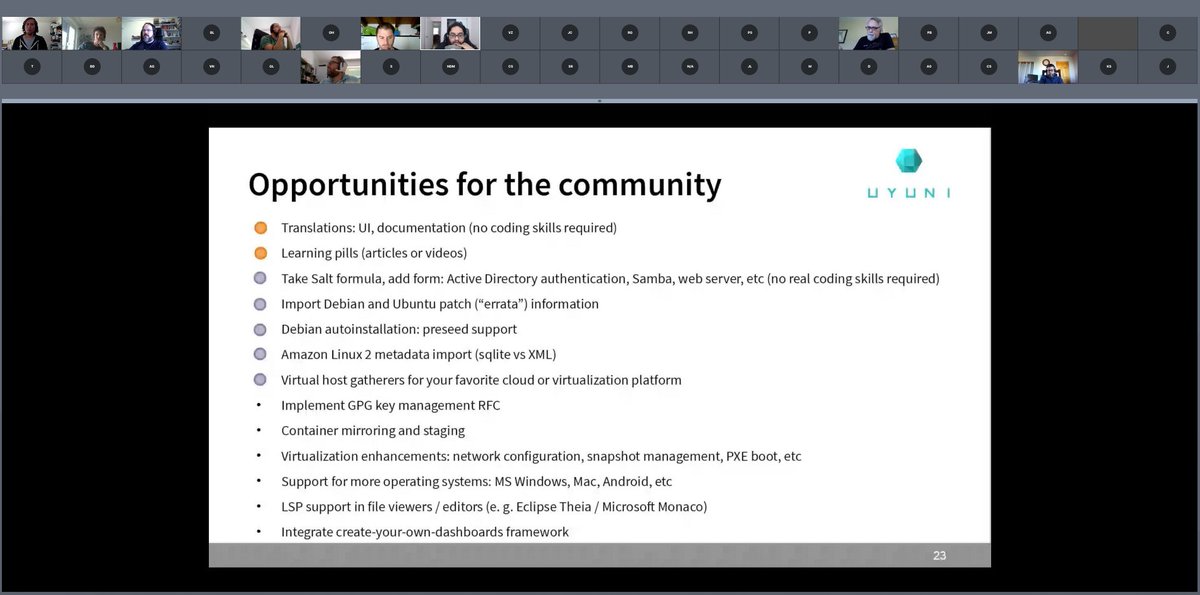 Thank you everyone for attending the Community Hours today! One of the topics discussed today was the opportunities for the community. Interested on making Uyuni Better? Check the attached image and lists.opensuse.org/uyuni-devel/20… and join us!