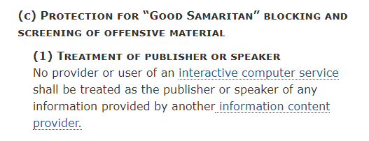 I'm going to blow your mind here and suggest that rather than make up a fantasy about tech bargaining for neutrality, we can turn to the text of the statute to determine what Congress was up to when it created § 230.Note: liability protection is not contingent on neutrality.