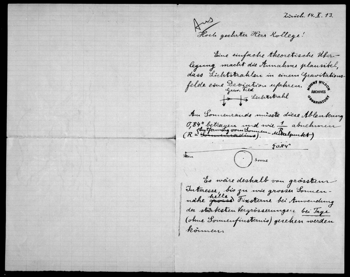 (Einstein wrote to astronomer George Hale in 1913, asking if it might be possible to observe stars passing near the sun without an eclipse. Hale patiently explained that, yes, the eclipse really was necessary.) https://hdl.huntington.org/digital/c...