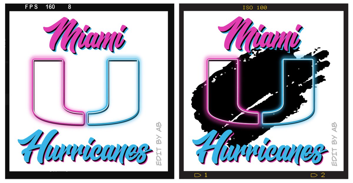 DesignzByAB's tweet photo. Whatโs good Canes fam!? Need some help deciding which @CanesFootball logo youโre vibing with? ๐ค #MiamiViceColors #Vs #SocialDistancingEdit #GoCanes https://t.co/8XNU2BSS90
