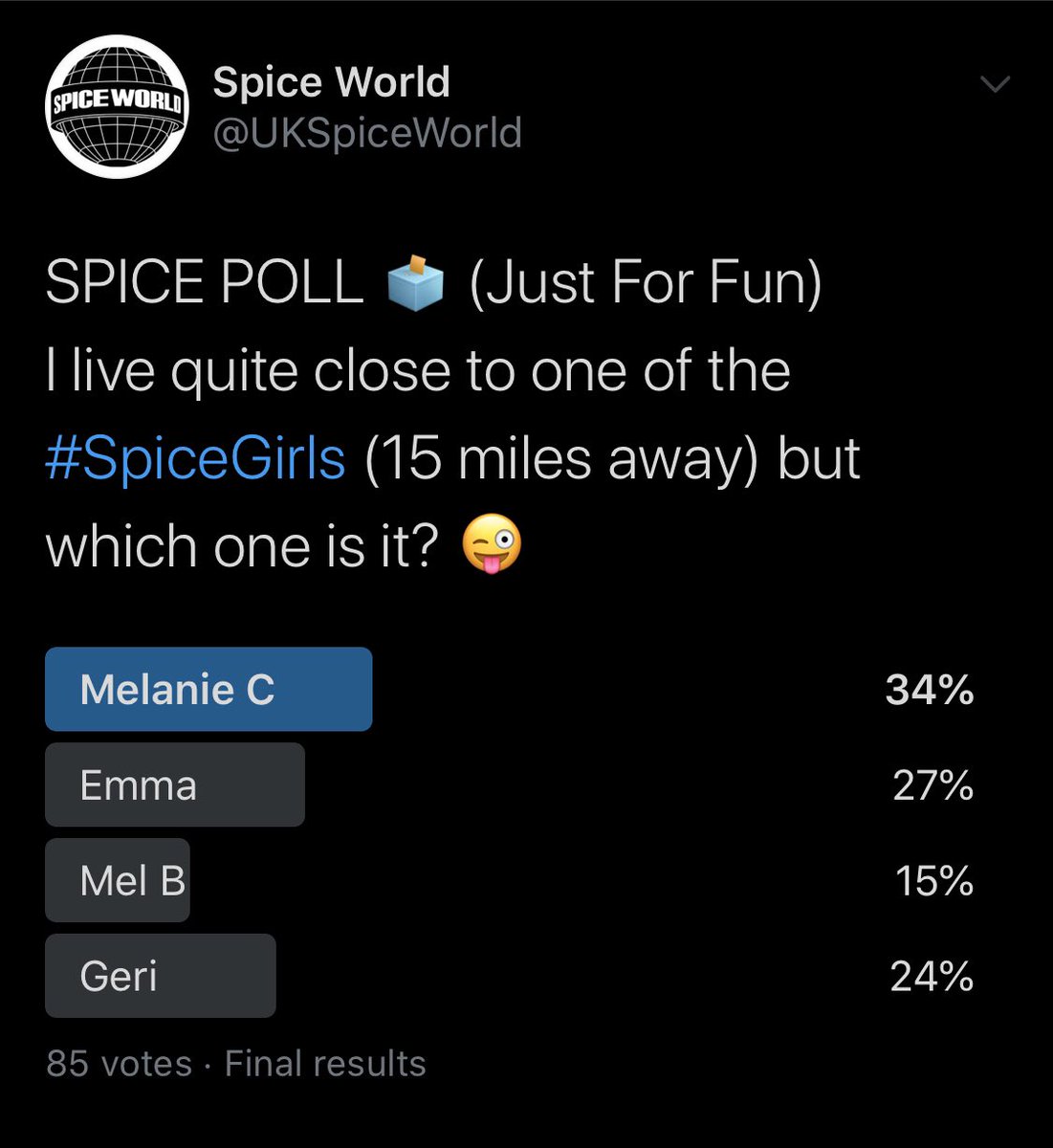 SpiceGirlsVault's tweet photo. The results of my latest #SpicePoll are in...

Yesterday I asked you which #SpiceGirl you think I live quite close too. I was actually surprised at the result but it is in fact @OfficialMelB herself and she had the lowest votes. 

I’m a Yorkshire lad born and bred! ✌🏻😂 https://t.co/YiG40ZBDka