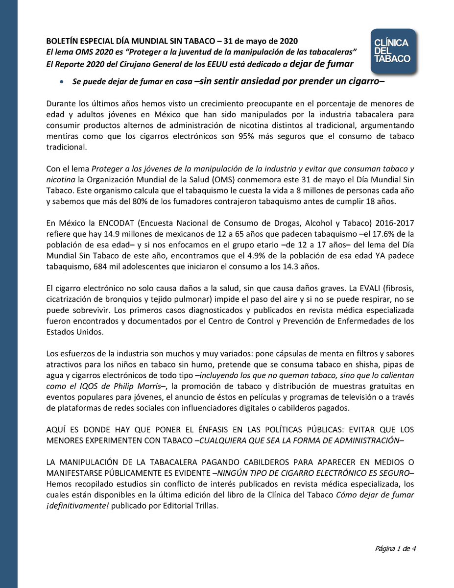 CTabaco's tweet photo. Boletín Día Mundial Sin Tabaco 2020 - ES POSIBLE DETENER EL TABAQUISMO DE MÉXICO @AristeguiOnline @CNNEE @SenadoresdelPAN @MorenaSenadores @SenadoresPRD @Mx_Diputados @Reforma @HLGatell @El_Universal_Mx @ElFinanciero_Mx @IMER_Noticias @aqcazteca @Azteca @NTelevisa_com @Foro_TV https://t.co/7vJYpGA3tX
