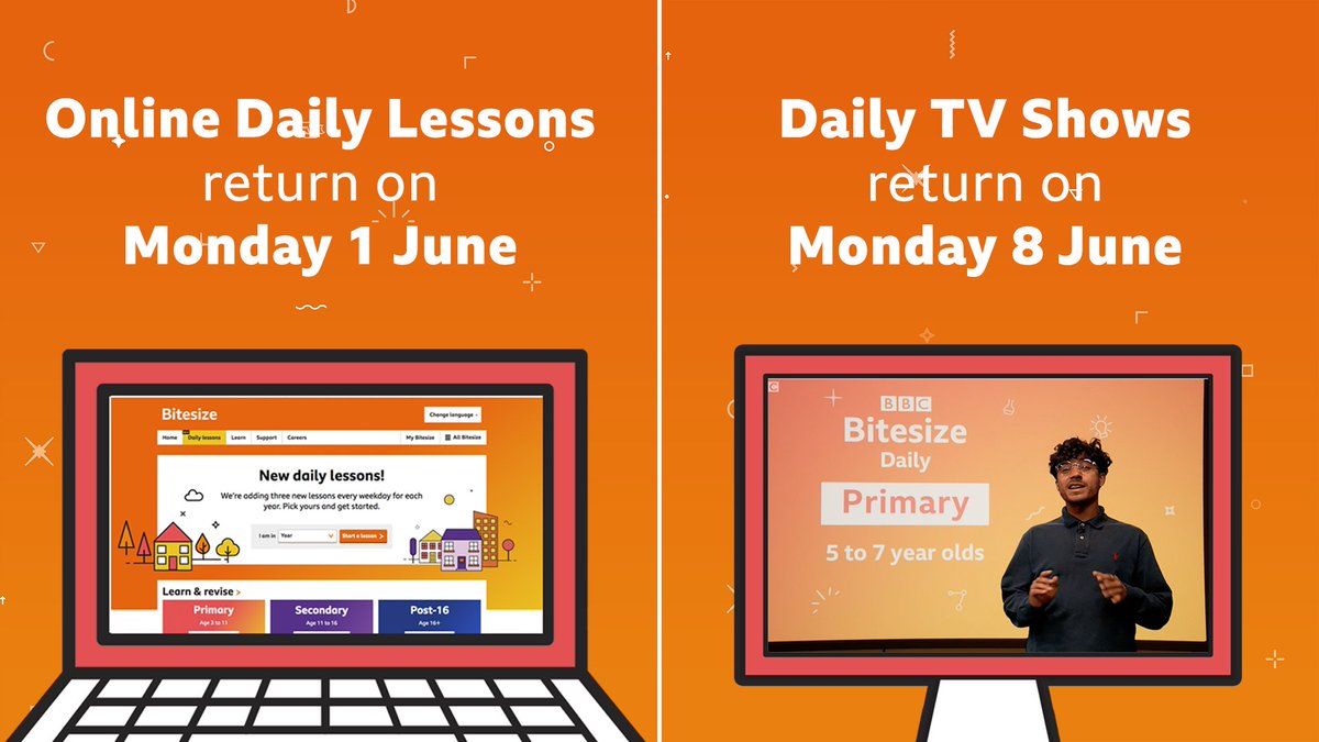 bbcbitesize's tweet photo. Ready for Monday? We've got you! 😊

💻 Online Daily Lessons return on Monday!  👉 https://t.co/bZjBOeOxws

📺  #BBCBitesizeDaily TV shows return on Monday 8 June. From June 1 -5 we'll be showing best bits episodes from 9am on the Red Button! 

#HomeSchoolingUK #schoolreopening https://t.co/L3bCiLK8gj