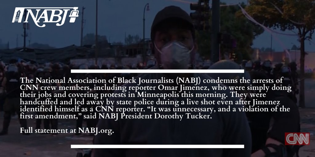 They were handcuffed and led away by state police during a live shot even after <a href="/OmarJimenez/">Omar Jimenez</a> identified himself as a <a href="/CNN/">CNN</a> reporter. “It was unnecessary, and a violation of the first amendment,” said <a href="/Dorothy4NABJ/">Dorothy Tucker NABJ</a>. Read our statement here: bit.ly/3gxAKO5