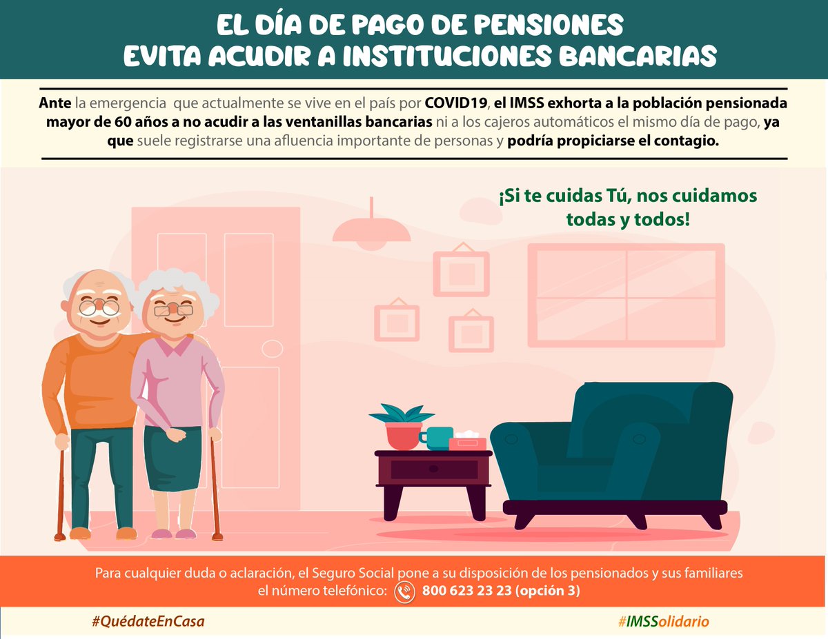 ARuizMaciel's tweet photo. @Tu_IMSS realizará el pago de #pensiones el 1° de junio. Continúa vigente el beneficio temporal de devolución de descuentos para quienes tienen un #prestamo a cuenta de pensión, por lo que se verán reflejados dos depósitos en su cuenta. Utiliza medios electrónicos #QuédateEnCasa https://t.co/QV1iuT7htw