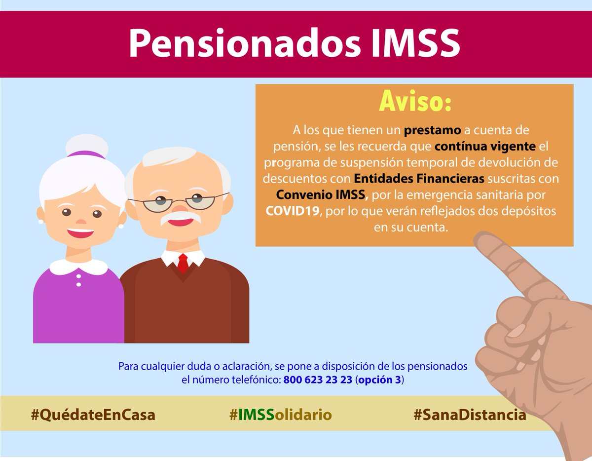 ARuizMaciel's tweet photo. @Tu_IMSS realizará el pago de #pensiones el 1° de junio. Continúa vigente el beneficio temporal de devolución de descuentos para quienes tienen un #prestamo a cuenta de pensión, por lo que se verán reflejados dos depósitos en su cuenta. Utiliza medios electrónicos #QuédateEnCasa https://t.co/QV1iuT7htw