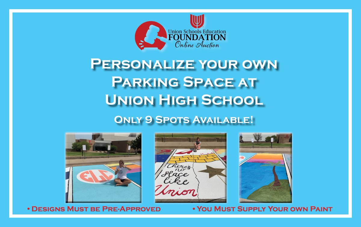 UnionFound's tweet image. ATTN: @UnionHSTulsa Students and Parents! Don't miss your chance to reserve and personalize one of only 9 remaining reserved parking spaces for the 2020-2021 school year! #2020USEFonlineauction @UnionSchools 
one.bidpal.net/2020usefauctio…