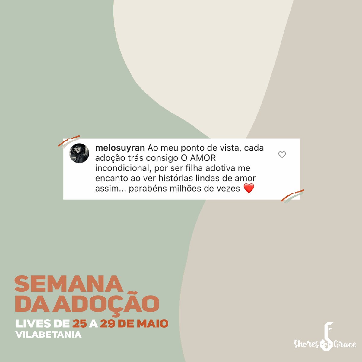 shoresofgrace's tweet image. Estamos amando ler o feedback de vocês sobre as lives e hoje ainda temos a última live sobre adoção! Fiquem ligados no instagram da @vilabetania que tá rolando tudo por lá ✨ #euacreditonaadoção #vilabetania #missoes #shoresofgrace