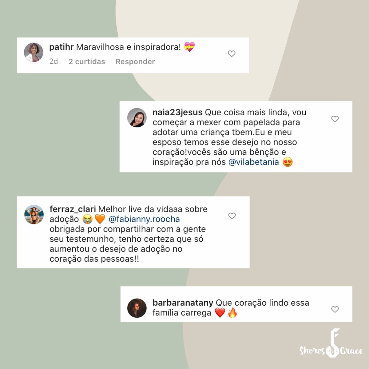 shoresofgrace's tweet image. Estamos amando ler o feedback de vocês sobre as lives e hoje ainda temos a última live sobre adoção! Fiquem ligados no instagram da @vilabetania que tá rolando tudo por lá ✨ #euacreditonaadoção #vilabetania #missoes #shoresofgrace