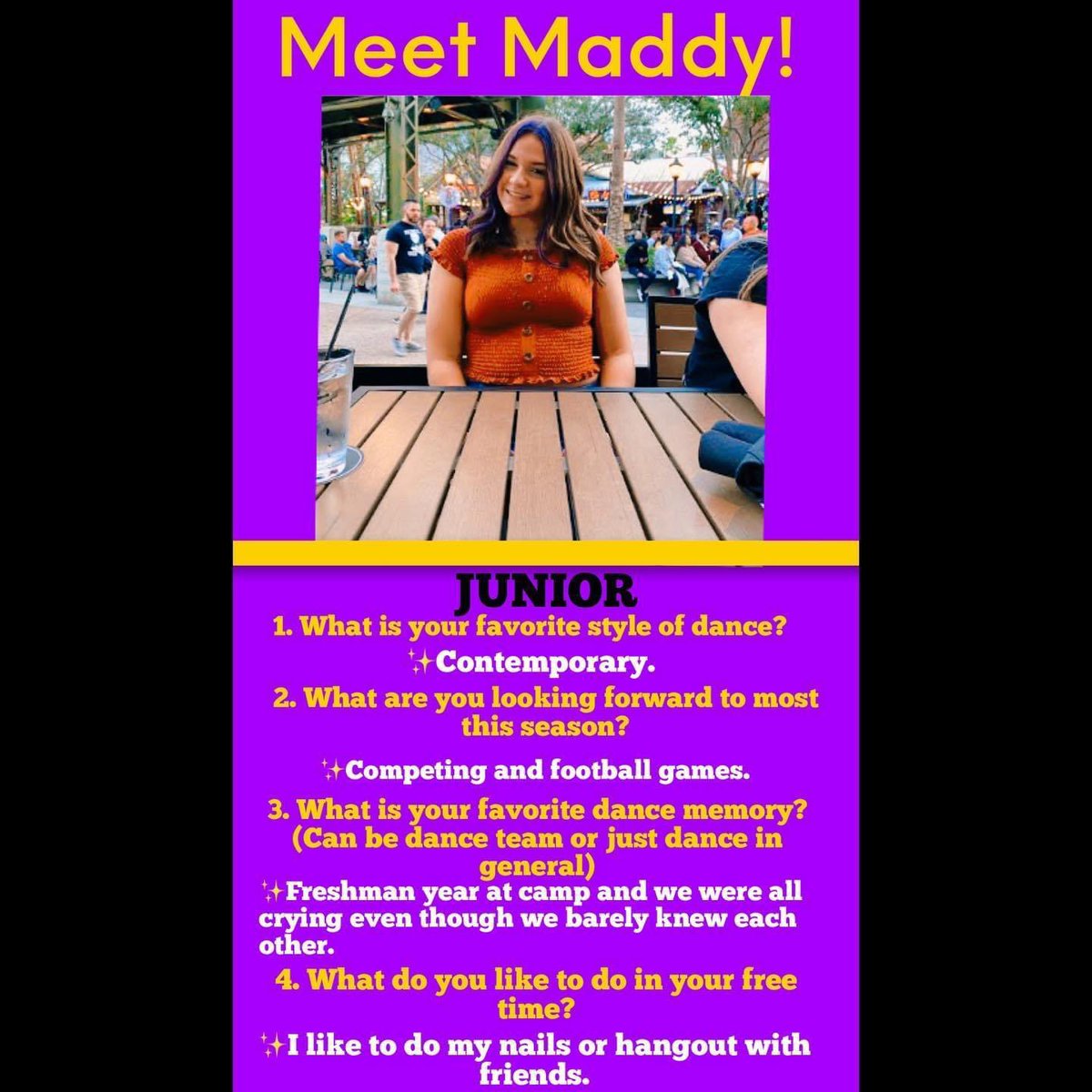 BeltonDance's tweet photo. Dancer Spotlight ✨• Meet Maddy, she will be a junior on the 2020-2021 Belton Dance Team! 💜⚓️ https://t.co/NWWrjanxmx
