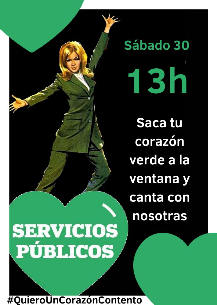 Te invitamos a un acto festivo y reivindicativo. Sal el próximo sábado a las 13:00 horas a balcones y ventanas a colgar tu corazón al ritmo del 'Corazón Contento' de Marisol. Por unos #ServiciosPúblicos, #QuieroUnCorazónContento youtu.be/asIKvV9OxUM