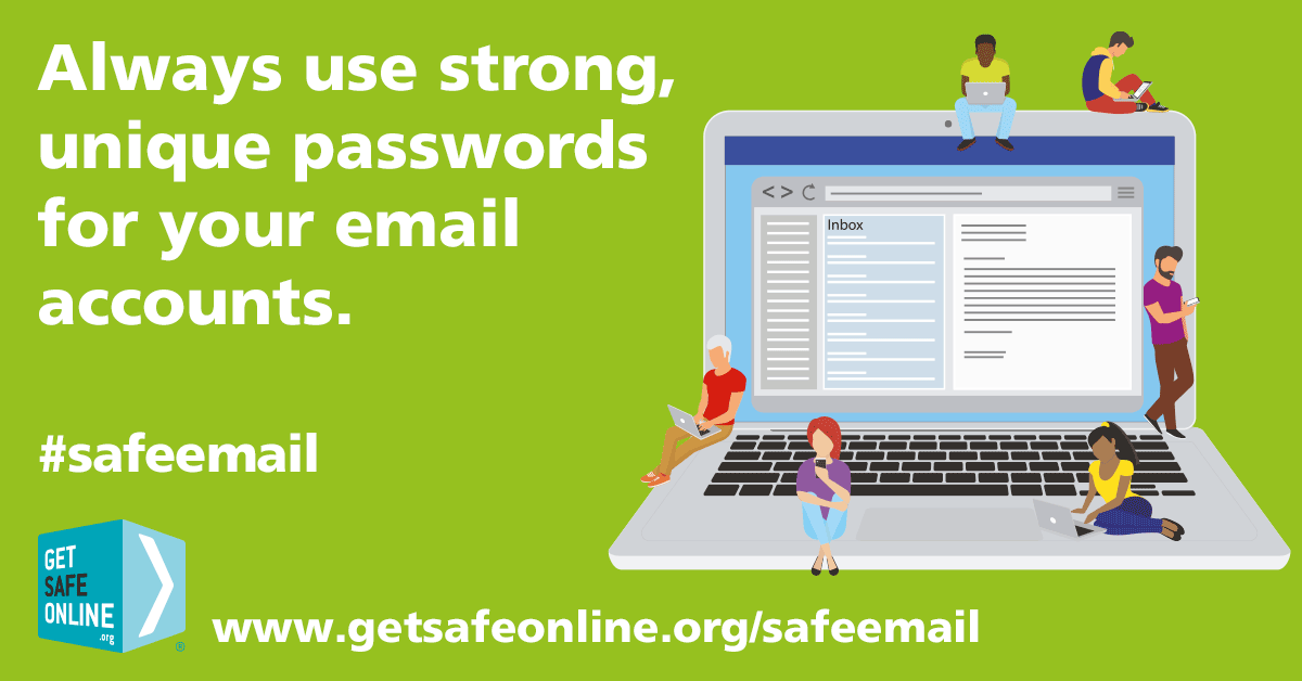 GetSafeOnline's tweet photo. Think about how important your email is. Using strong, unique passwords for your email accounts will help protect them from hacking #safeemail https://t.co/Bfj47AFUE4 https://t.co/tLifhlnucR